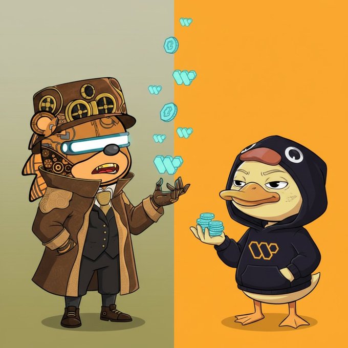The image features two cartoon characters, a duck wearing a hoodie with "gQuack" written on it and another character dressed as a man in a suit holding up some coins. The background of the image is orange, which contrasts with the brown color of the cartoon characters' outfits. The post also mentions that there are rewards available for those who participate in the community.