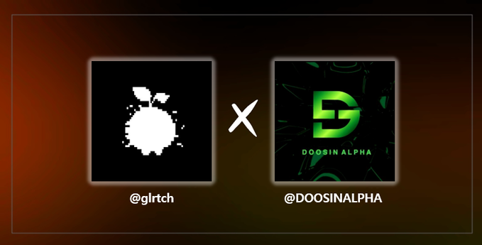A collaboration graphic showing a white pixelated splat design by @glirch multiplied by a green logo by @DOOSINALPHA against a red and orange background.