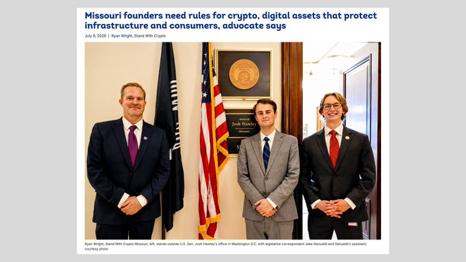 Ryan Wright, Missouri State Chapter President for Stand With Crypto, poses in Sen. Josh Hawley's Washington D.C. office with legislative correspondent Jake Deminski and a third staffer, accompanying an opinion piece dated July 8, 2026, advocating for balanced cryptocurrency and digital asset regulations that protect both consumers and infrastructure.