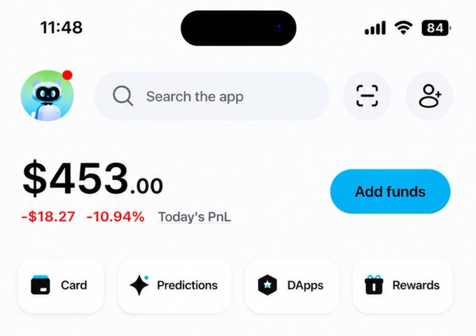 A mobile app screen displays a wallet balance of $453.00 with a daily loss of -$18.27 (-10.94%), featuring options to "Add funds," search, and access Card, Predictions, DApps, and Rewards sections. The image pairs with a post announcing 10 giveaway winners, each receiving $2 in USDC (Base) for claiming via DM.