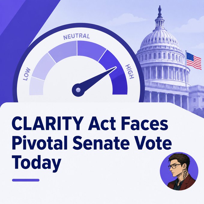 A news graphic titled 'CLARITY Act Faces Pivotal Senate Vote Today' featuring a gauge meter pointing toward 'HIGH' and an illustration of the US Capitol building with an American flag.