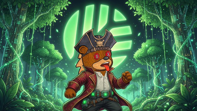 A digital illustration features an anthropomorphic bear dressed as a pirate with an eyepatch and hat, standing in a lush green jungle with a glowing green circular emblem behind it.