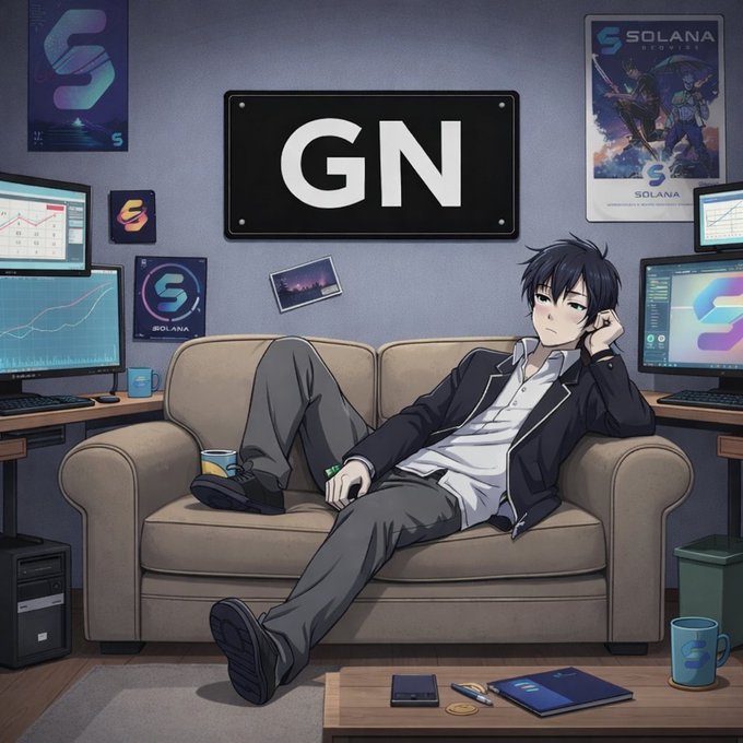 An anime-style character lounges on a couch in a tech-decorated room featuring multiple monitors displaying charts and 'Solana' branding, with a large 'GN' sign on the wall.