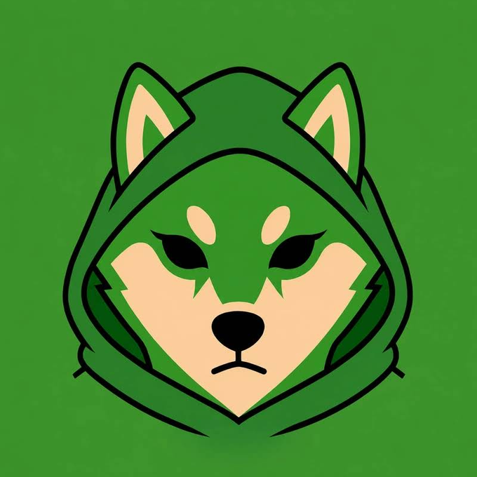 The image shows a stylized illustration of a Shiba Inu dog wearing a green hooded outfit against a green background, featuring black eyes, a small nose, and pointed ears.

The artwork directly relates to the post by serving as a visual mashup of two meme coin references—combining the iconic Shiba Inu face (associated with $SHIB) with the green hooded aesthetic reminiscent of Robinhood's branding, symbolizing $WOOF's claim as "the $SHIB of Robinhood."