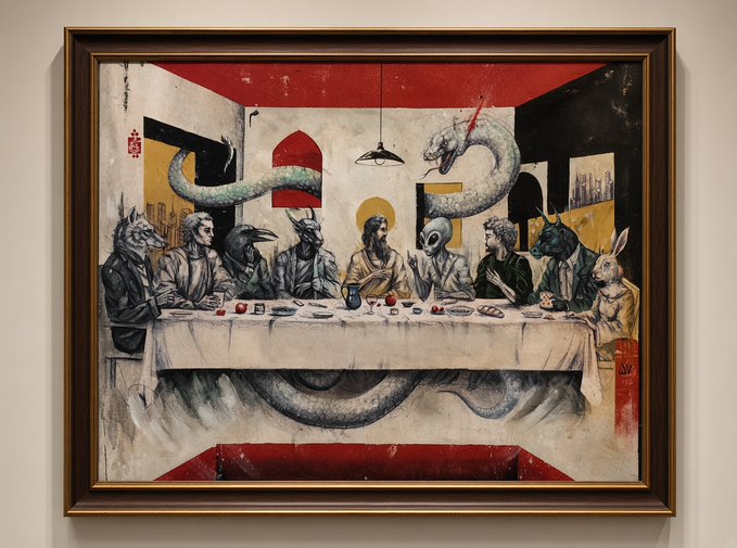 A framed parody artwork recreating 'The Last Supper' with Jesus and his disciples depicted as various anthropomorphic animals including wolves, a donkey, a deer, an alien, and a rabbit, with a large serpent creature above.