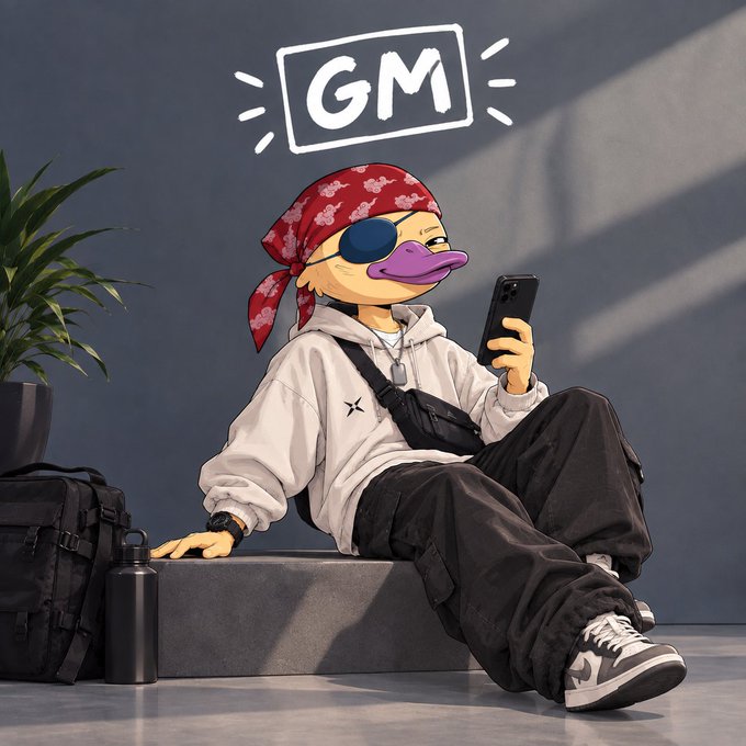 An anthropomorphic duck character wearing a red bandana, sunglasses, a white hoodie, and black pants sits holding a smartphone, with a 'GM' (Good Morning) graphic displayed above its head.