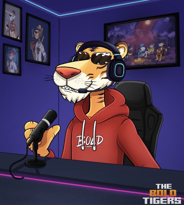 A cartoon illustration of a tiger wearing sunglasses and headphones, sitting at a desk with a microphone in a room with framed pictures, branded with 'The Bold Tigers' logo.