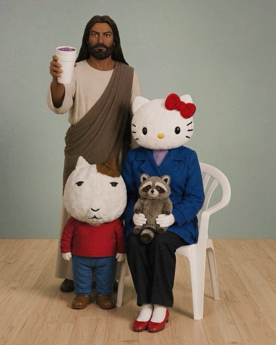 A surreal family portrait features a figure resembling Jesus holding a purple drink, standing behind a child in a sheep mask and Hello Kitty in a blue suit holding a raccoon plush.