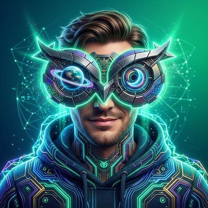A digital art portrait of a man wearing futuristic neon-lit cybernetic goggles displaying Earth and abstract patterns, dressed in a glowing tech-themed hoodie.