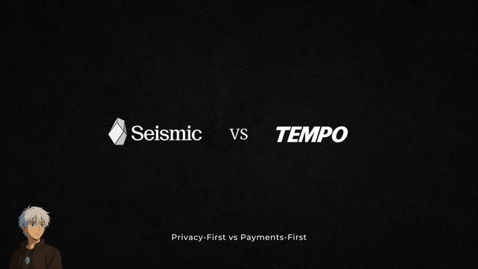 A comparison slide featuring the Seismic and TEMPO logos with 'vs' between them, captioned 'Privacy-First vs Payments-First', with an anime character illustration in the bottom left corner.