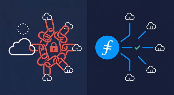 The image contrasts two cloud network diagrams: on the left, a tangled red knot with a lock symbol surrounded by clouds (representing AWS and Azure's lock-in ecosystems), and on the right, an open blue Filecoin network with a green checkmark connecting multiple clouds, illustrating Fileicon's open, no-gatekeeper model with zero egress fees.