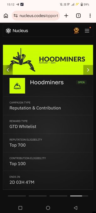 A mobile screenshot from nucleus.codes showing a 'Hoodminers' campaign of type 'Reputation & Contribution' with rewards of 'GTD Whitelist' and a countdown ending in 2 days.