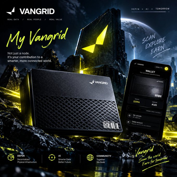 A promotional graphic for 'VANGRID' featuring a sleek black node device and smartphone displaying a wallet interface with 22594 points and rank #185, set against a futuristic rocky landscape with text reading 'My Vangrid' and 'Scan the world, Earn for Tomorrow'.