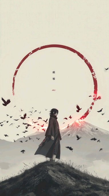 Anime-style illustration of a figure in dark robes standing on a cliff facing a red circular symbol over a snow-capped mountain, with birds flying around.
