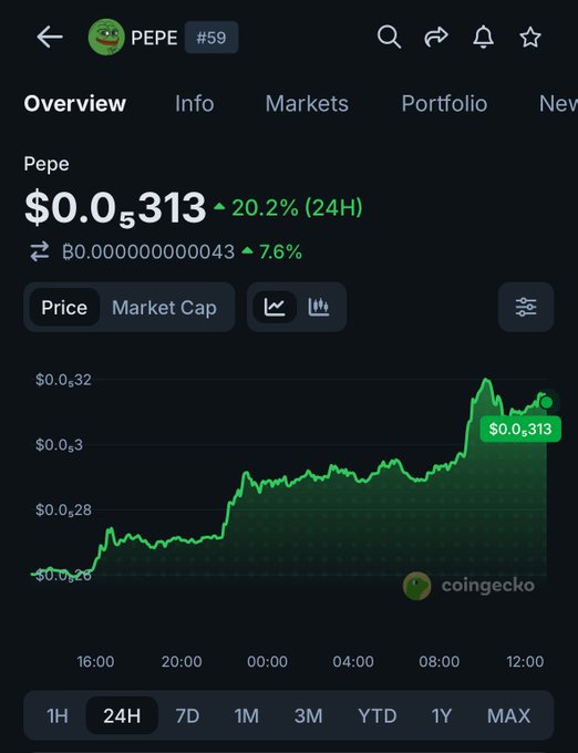 A screenshot of a CoinGecko price chart for Pepe (#PEPE) showing a 20.2% gain over 24 hours, with the price rising from around $0.026 to $0.0313. The "feels good man" caption references the popular Pepe the Frog meme, matching the mascot crypto's strong upward price action displayed in the chart.