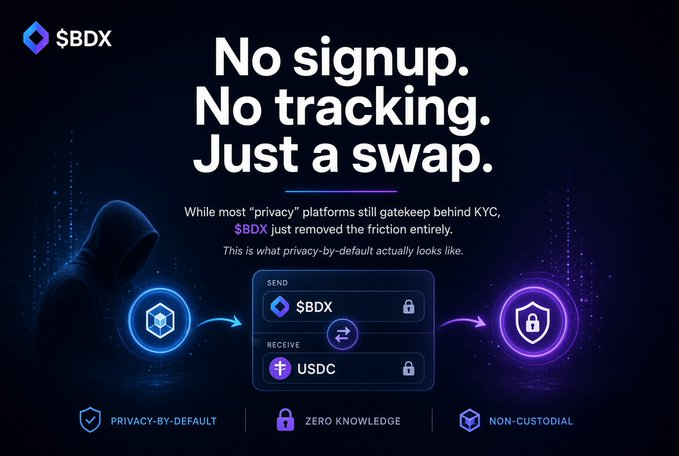 A promotional graphic for $BDX reads 'No signup. No tracking. Just a swap.', highlighting features like 'PRIVACY-BY-DEFAULT', 'ZERO KNOWLEDGE', and 'NON-CUSTODIAL' for exchanging $BDX and USDC.