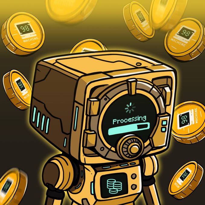 A cartoon-style golden robot displays "Processing" on its screen while surrounded by floating digital coins, visually representing the crypto mining/processing activity central to the project's appeal as mentioned in the post.