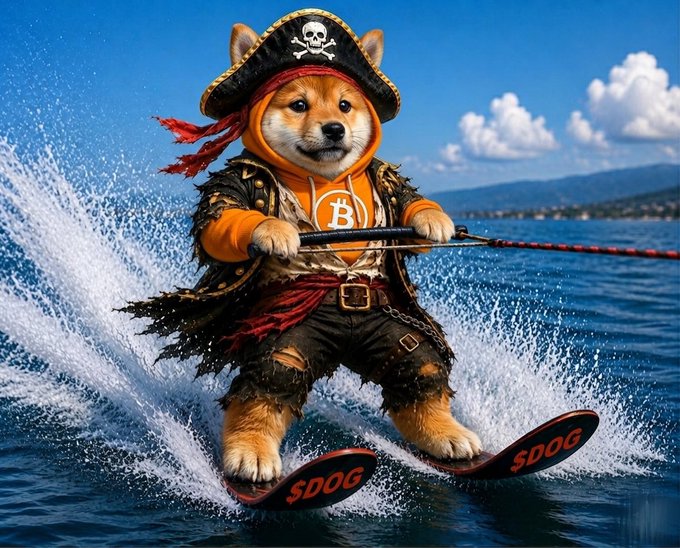 A Shiba Inu dressed as a pirate, complete with a skull-and-crossbones hat and Bitcoin-themed hoodie, water-skis across the ocean with "SDOG" branded skis, capturing the "ALL GAS, NO LEASH, $DOG MODE" energy of the post.