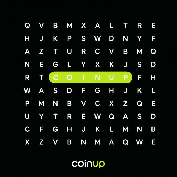 A grid of randomized letters surrounds the highlighted word "COINUP," visually emphasizing the brand amid surrounding chaos. This aligns with the message that CoinUp stands out and endures "among all the noise."