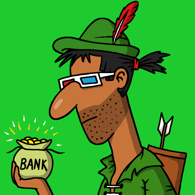 A cartoon illustration of a man in a green Robin Hood-style outfit with a feathered hat and 3D glasses, holding a bag of gold coins labeled 'BANK' and a quiver of arrows.