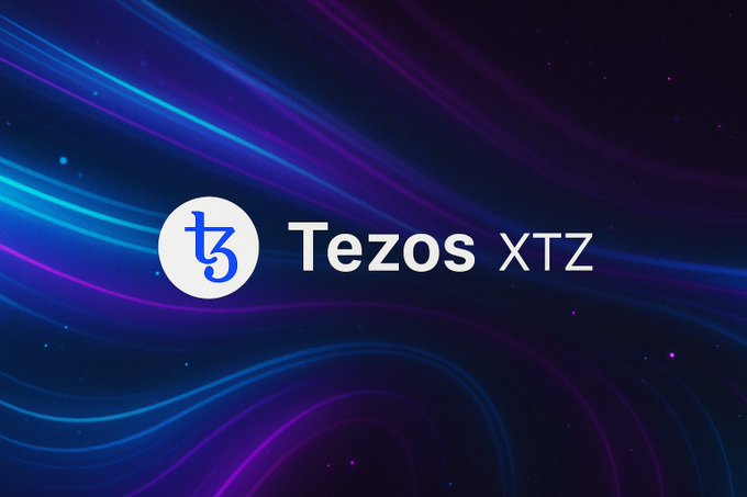 The image features a blue background with purple swirls. In the center, there's a logo consisting of a white circle with a white "t" inside. The logo reads "tezos xyz" along with a small explanation below it stating that the funds raised through this cryptocurrency project have reached $600 million and are being used to support a fundbase worth $300 million for future projects. Furthermore, the post mentions that the majority of these funds will be invested in completing multiple unlocks at once, making up about 92% of all unlocks.