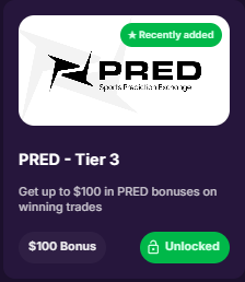 A promotional card for 'PRED - Tier 3' offering up to $100 in PRED bonuses on winning trades, marked as 'Recently added' and 'Unlocked' with a $100 Bonus tag.