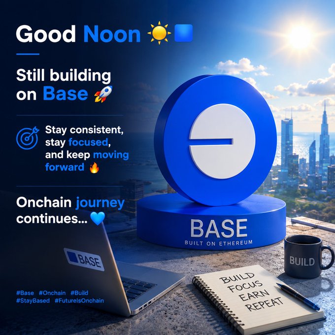 The image features a laptop computer sitting on top of a table, with a notebook and pen nearby. The background shows a city skyline, suggesting that this scene takes place in an urban setting. In the foreground, there are two blue circles, one of which is a logo for Base, while the other represents the word "Good Noon". A caption below the image reads: "Focus on what is in the image and how it relates to the post @baseapp @baseposting @jessepollak".