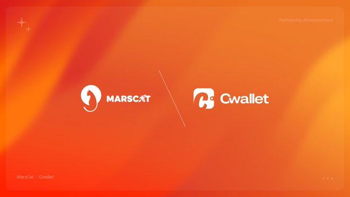 A vibrant orange partnership announcement graphic displays the MarsCat (MARSCAT) and Cwallet logos side by side, with the caption "MarsCat × Cwallet" at the bottom left and "Partnership Announcement" at the top right, visually representing the collaboration between the two Web3 platforms.