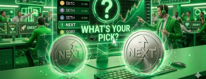 A green-themed promotional banner for a trading platform showing people at computers, charts of tickers like $BTC, $ETH, $NEXT, and $SORT, and two large coins asking 'WHAT'S YOUR PICK?'