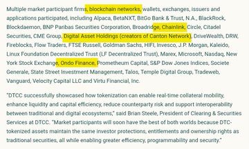 The image is a screenshot of a DTCC press release announcing the successful soft launch of its tokenization service, listing participating market firms such as blockchain networks, wallets, exchanges, issuers, and Digital Asset Holdings creator Credfinx Network, along with a quote from DTCC President & CEO Frank LaSala. It relates to the post by highlighting the institutional milestone of DTCC's tokenization initiative, which the post frames as a historic step toward bringing traditional securities onto blockchain rails—setting the stage for broader rollout in October.