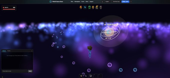 A screenshot from TANJO Game Store shows a space-themed interface with purple and blue cosmic particles, featuring a planet labeled 'TANJO' and 'MC - 5.6K' along with navigation menus.
