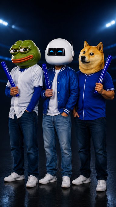 The image features three men wearing frog masks, each holding a baseball bat. They are standing together against a dark background with blue lights illuminating them. The caption of the image reads "Stop manually trading $PEPE & $DOGE. Let AI do it for you. AutoTrader on BTSE - thousands of strategies, running 24/7." This suggests that they might be discussing or promoting an automated trading platform called AutoTrader, which is related to cryptocurrency and baseball.
