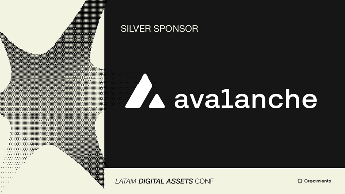 A black and white sponsor slide for 'avalanche' as a SILVER SPONSOR at the LATAM DIGITAL ASSETS CONF, with an abstract geometric pattern on the left side.