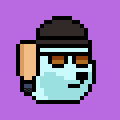 Pixel art of a blue character wearing dark sunglasses and holding a brown item against a purple background.