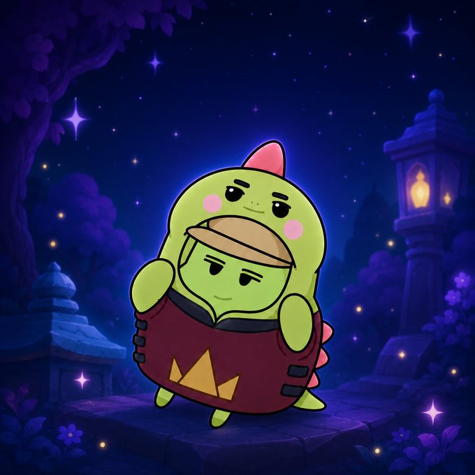 A cute cartoon illustration of a green dinosaur-like character wearing a bandana and maroon pants with a mountain design, standing in a mystical nighttime setting with glowing stars and a lantern.