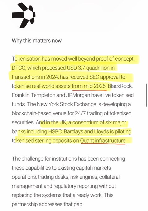 An article excerpt titled 'Why this matters now' discussing tokenisation, with yellow highlights on text mentioning DTCC processing USD 3.7 quadrillion in 2024, BlackRock, Franklin Templeton, JPMorgan, NYSE blockchain plans, and a UK consortium of HSBC, Barclays, and Lloyds piloting tokenised sterling deposits on Quant infrastructure.