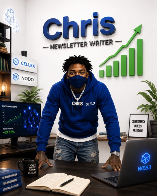 A stylized image of a man wearing a blue hoodie labeled 'CHRIS DEFLX' and a face mask, standing at a desk with a 'FOCUS WRITE GROW REPEAT' mug and laptop showing a 'WEB3' logo. The wall behind him displays 'CHRIS NEWSLETTER WRITER' with growth chart graphics, 'CELLEX' and 'NODO' crypto-style logos, a 'PORTFOLIO GROWTH +247.8%' monitor, and a 'CONSISTENCY BUILDS FREEDOM' sign.