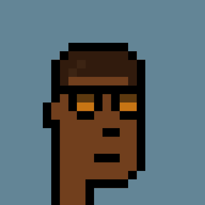 A pixel art depiction of a brown blocky character/figure on a blue-gray background, appearing to be a simple 8-bit style humanoid form.