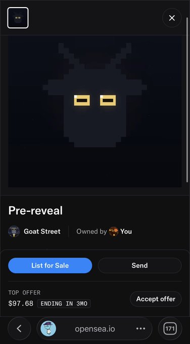 An OpenSea NFT marketplace screen showing a 'Pre-reveal' item called 'Goat Street' owned by the user, with a top offer of $97.68 ending in 3 months.