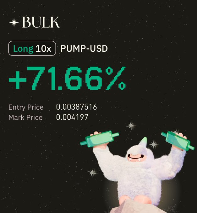 A trading app screenshot for 'BULK' showing a 'Long 10x' position on PUMP-USD with a gain of '+71.66%,' featuring an illustration of a white furry yeti-like character lifting green dumbbells against a starry black background.