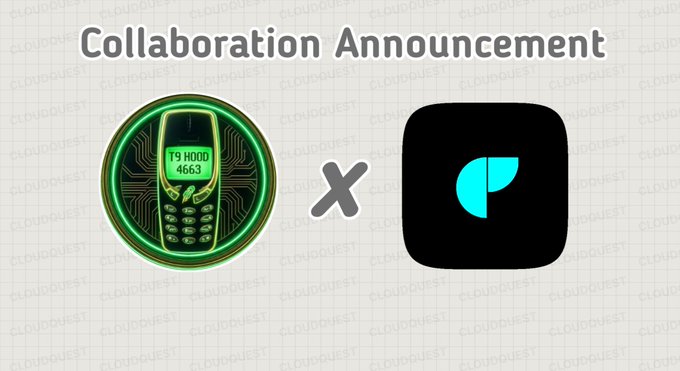 Collaboration announcement graphic featuring a green retro mobile phone with circuit board design displaying 'T9 H00D 4663' next to a black and teal 'P' logo.