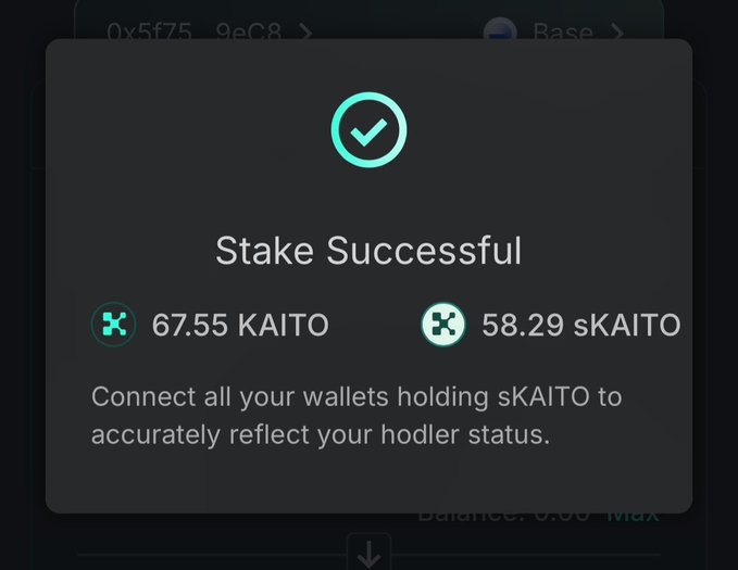 A mobile app confirmation screen showing 'Stake Successful' with 67.55 KAITO and 58.29 sKAITO tokens, advising users to connect wallets holding sKAITO.