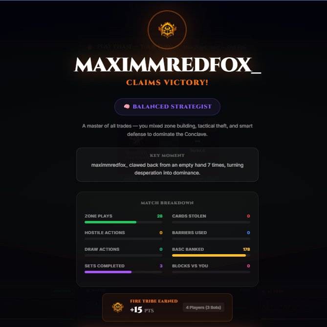 A game victory screen for 'MAXIMMREDFOX_' declaring 'CLAIMS VICTORY!' with 'BALANCED STRATEGIST' badge and match breakdown showing 28 zone plays, 178 BASC banked, and 3 sets completed, earning +15 fire tribe points.