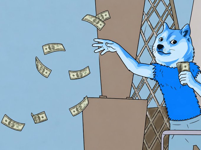 An illustration of a blue anthropomorphic cat character throwing dollar bills while holding a stack of cash.