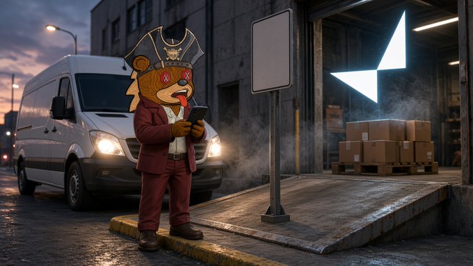 An anthropomorphic bear character wearing a red pirate hat and suit, looking at a phone next to a white delivery van outside a warehouse with a glowing white lightning bolt logo.