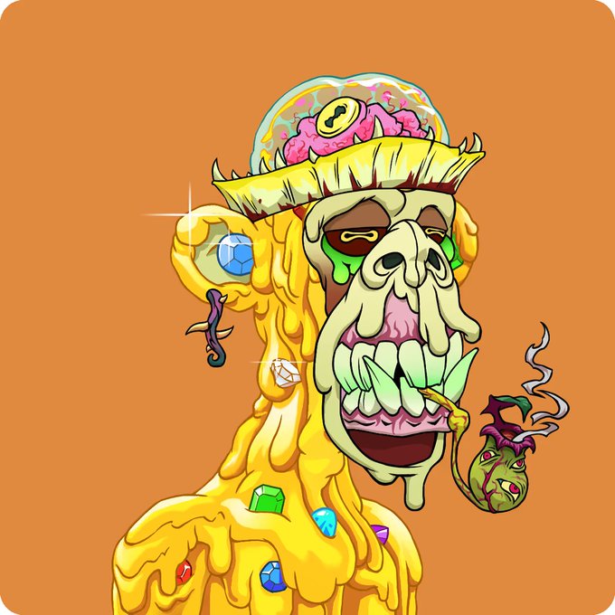 A grotesque, jewel-encrusted melting figure with an exposed brain, dripping gold, and grotesque green teeth smokes a pipe fashioned from a small creature head—matching the psychedelic mutant aesthetic of rare NFT collectibles, like the one referenced that sold for 120 ETH ($387K) five years ago.