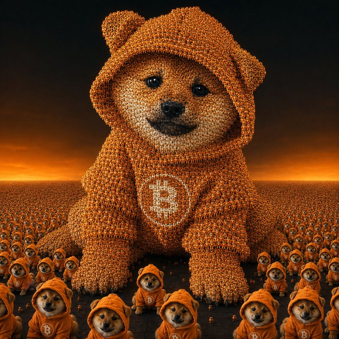 A colossal dog-shaped figure, composed of countless smaller Doge figures wearing orange Bitcoin hoodies with the "B" logo, towers over a vast army of miniature Doges in identical attire against a fiery sunset backdrop. The image visually embodies the post's message of a massive, unified "$DOG Army" where one powerful $DOG entity emerges from thousands, symbolizing collective strength and unstoppable momentum.