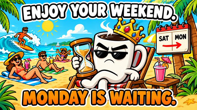 A cartoon illustration with the text 'ENJOY YOUR WEEKEND, MONDAY IS WAITING.' depicts a grumpy crowned coffee mug holding an hourglass while beachgoers relax in the background.