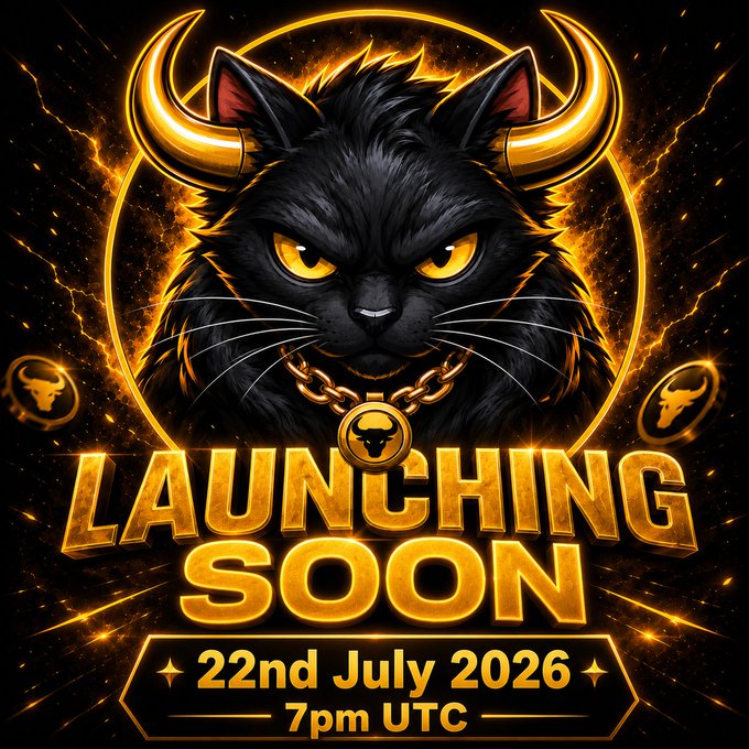A fierce black bull-cat with glowing golden eyes and horns wears a chain featuring a bull emblem, set against a fiery cosmic background with the bold golden text "LAUNCHING SOON," "22nd July 2026," and "7pm UTC." The dramatic visual perfectly matches the post's announcement of BullCat's upcoming launch on Solana on July 22nd, capturing the bullish energy and anticipation of the impending charge.