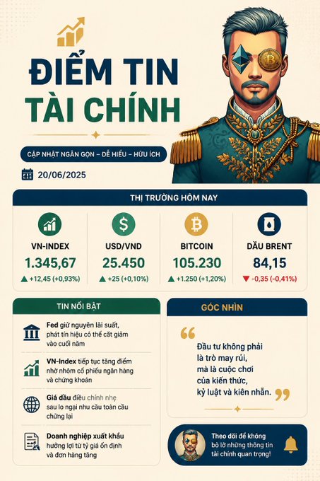 Infographic “Điểm Tin Tài Chính” dated 20/06/2025 highlights market figures: VN-Index 1,345.67, USD/VND 25,450, Bitcoin 105,230, and Brent crude 84.15, alongside a warning to monitor the U.S. dollar and bonds alongside Bitcoin. This reinforces the accompanying view that U.S. inflation, the FOMC minutes, jobs data, and rising yields could influence market direction and crypto liquidity.